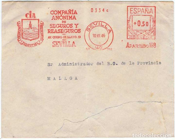 Sellos: Sobre circulado matasellos Sevilla 10-08-1946. Compa&ntilde;&iacute;a An&oacute;nima de Seguros y Reaseguros - Foto 1