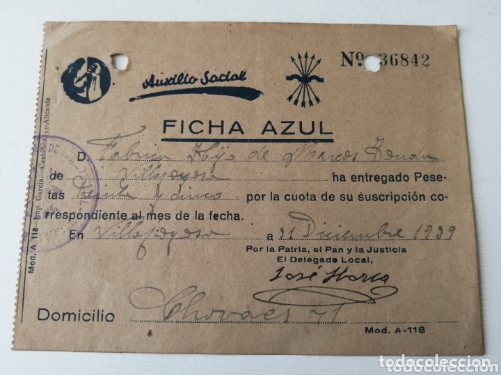 Sellos: VILLAJOYOSA. ALICANTE. Ficha azul. Diciembre 1939