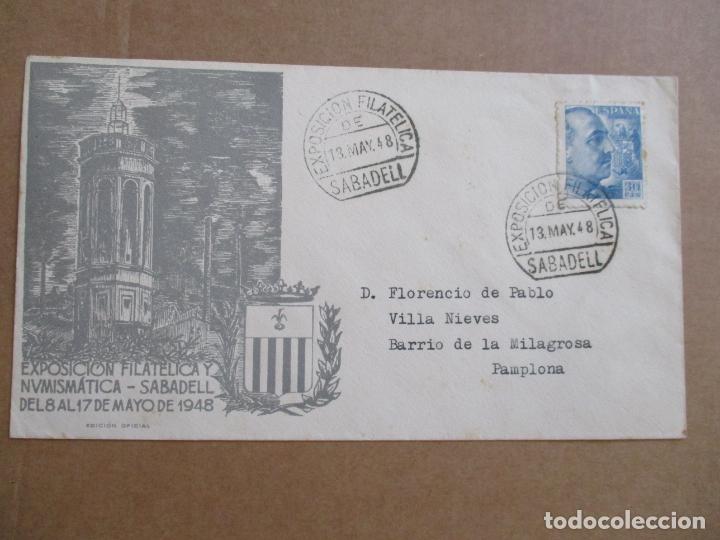 Sellos: CIRCULADA 1948 DE EXPO FILATELICA SABADELL BARCELONA A PAMPLONA NAVARRA