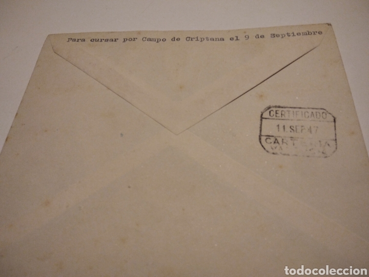 Sellos: Sobre con sellos cu&ntilde;o CAMPO DE CRIPTANA 1947 certificado - Foto 3
