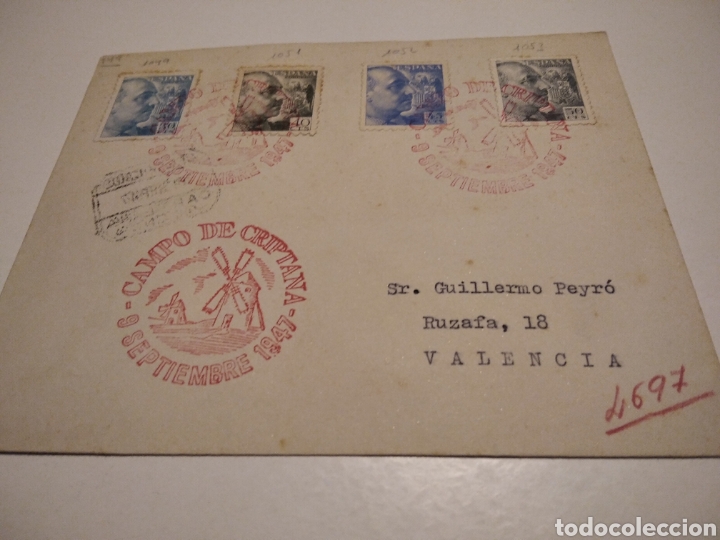 Sellos: Sobre con sellos cu&ntilde;o CAMPO DE CRIPTANA 1947 certificado - Foto 1