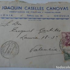 Sellos: ORIHUELA. ALICANTE. JOAQUIN CASELLES CANOVAS. FRUTAS. LONJA. SOBRE A VALENCIA, 1944. Lote 293668708