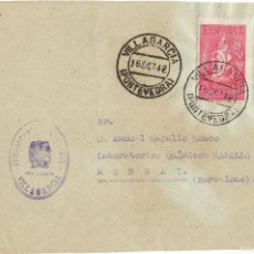 Sellos: 1942 CARTA FRONTAL VILLAGARCÍA, PONTEVEDRA. SIN FRANQUEO, FRANQUICIA CORREOS, COLEGIO HUÉRFANOS