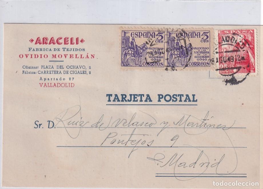 Sellos: Araceli Fábrica de tejidos Ovidio Movellán Valladolid. Franqueo curioso. Circulada en 1949