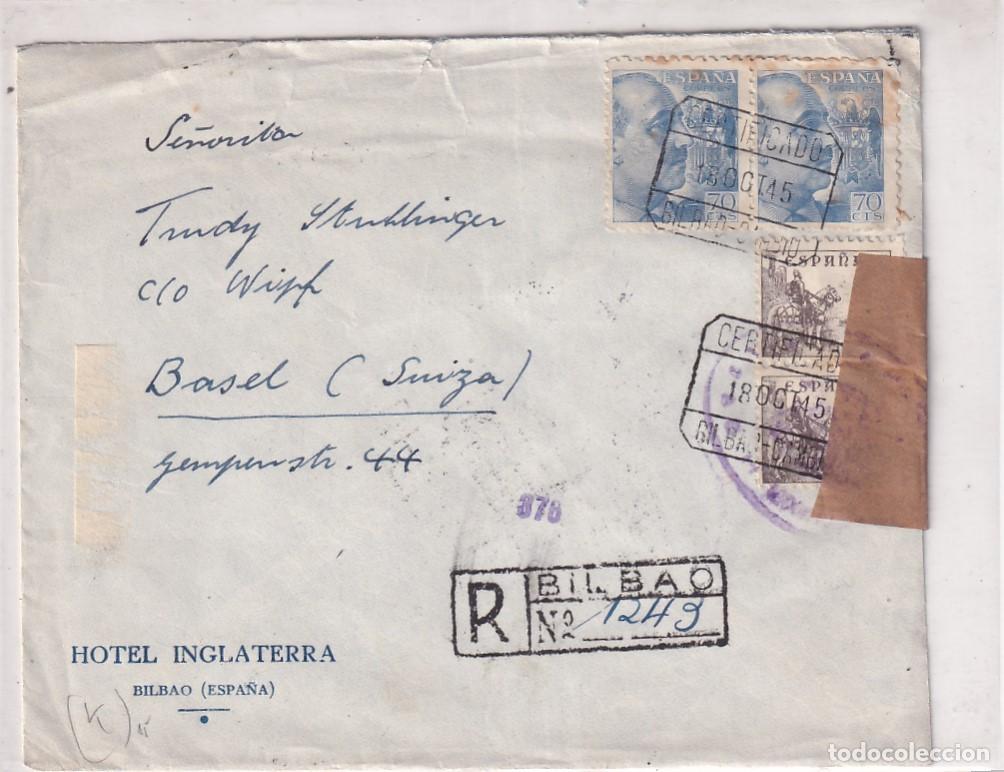 Sellos: Sobre Hotel Inglaterra. Bilabo. Certificado. Remite Hotel Aragón Madrid. No conserva la carta.