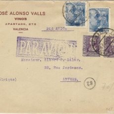 Sellos: 1939 (DIC) CARTA SOBRE VALENCIA A BÉLGICA. EXPORTADOR VINOS. CENSURA CORREO AÉREO