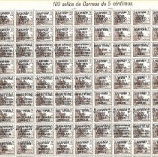 Sellos: PLIEGO DE 100 SELLOS EL CID 5CTS AÑO 1937. CON VARIAS SOBRECARGAS NEGRAS.