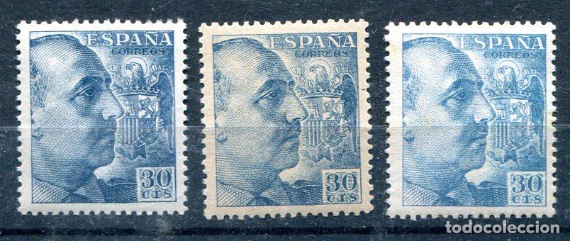Sellos: Edifil 1049. 3 sellos de 30 cts Franco dentado peque&ntilde;o, diferente color. Nuevos sin fijasellos