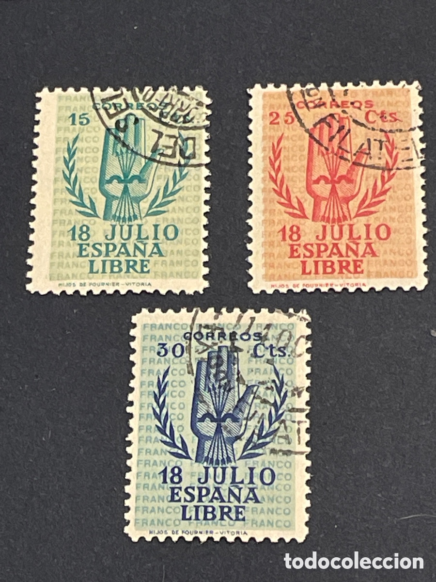 Sellos: Edifil 851 a 853 II Aniversario Alzamiento Nacional, usados, bien centrados