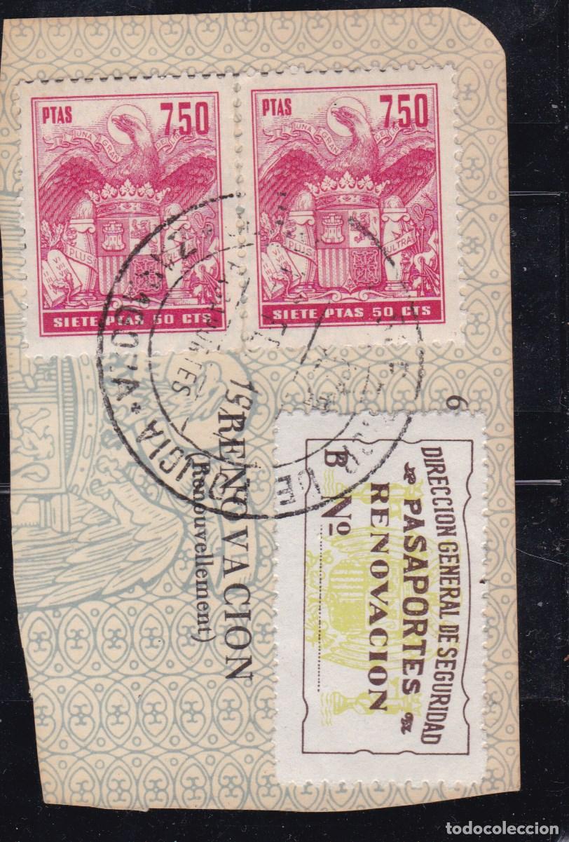 Sellos: NN4- FISCALES . Gran Fragmento Pasaporte con P&oacute;lizas y raro Sello Pasaportes Renovaci&oacute;n. Zaragoza