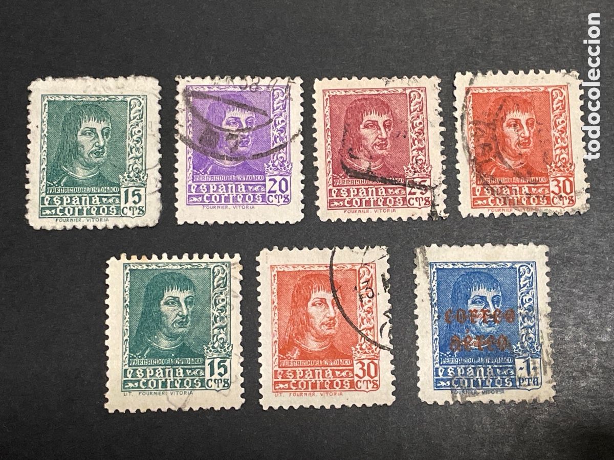 Sellos: Edifil 841 a 844 , 841A , 844A y 846 Fernando El Cat&oacute;lico y a&eacute;reo , usados