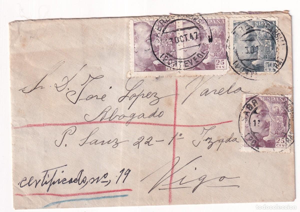 Sellos: Sobre certificado. Franqueo curioso. Vigo 1947