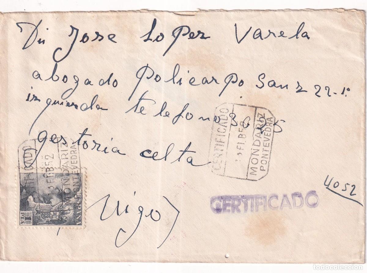 Sellos: Sobre certificado. Mondariz Pontevedra. 1952
