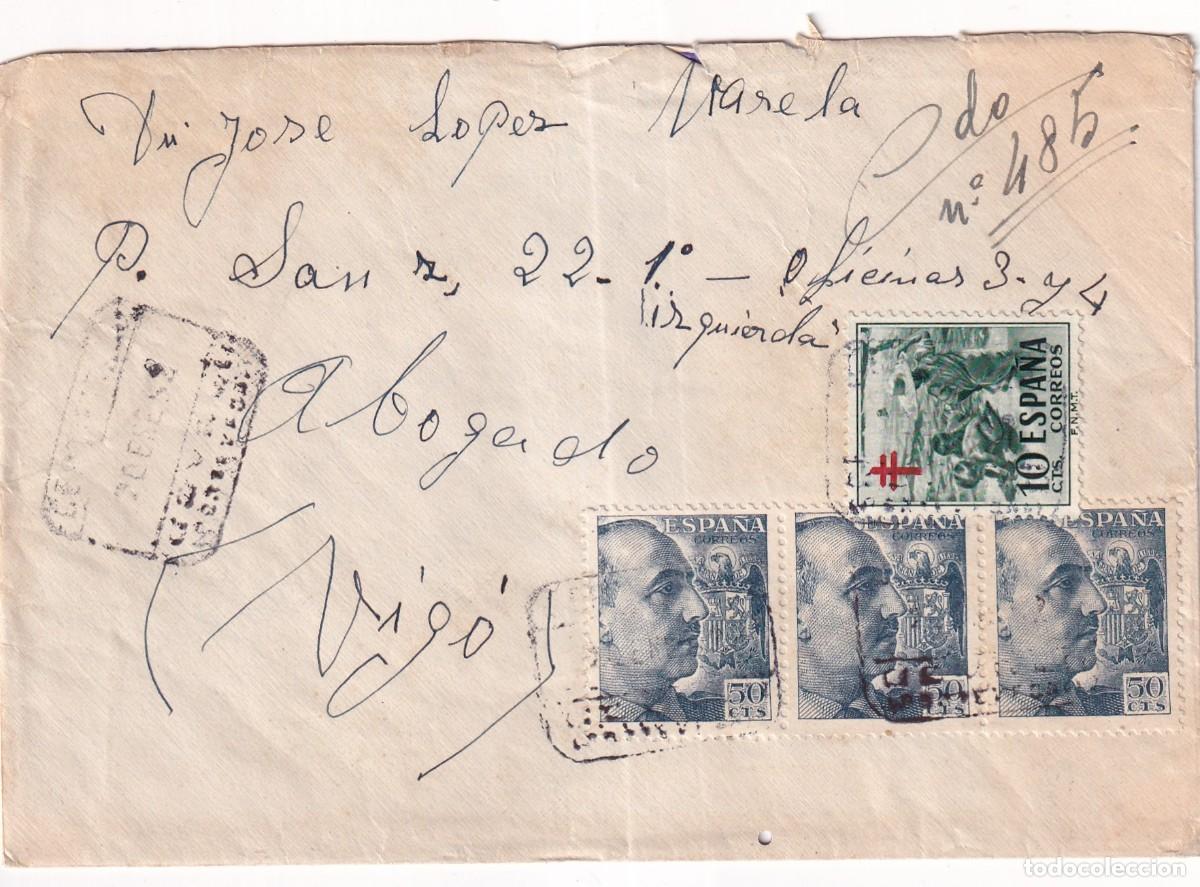 Sellos: Sobre certificado. Vigo 1952 franqueo curioso