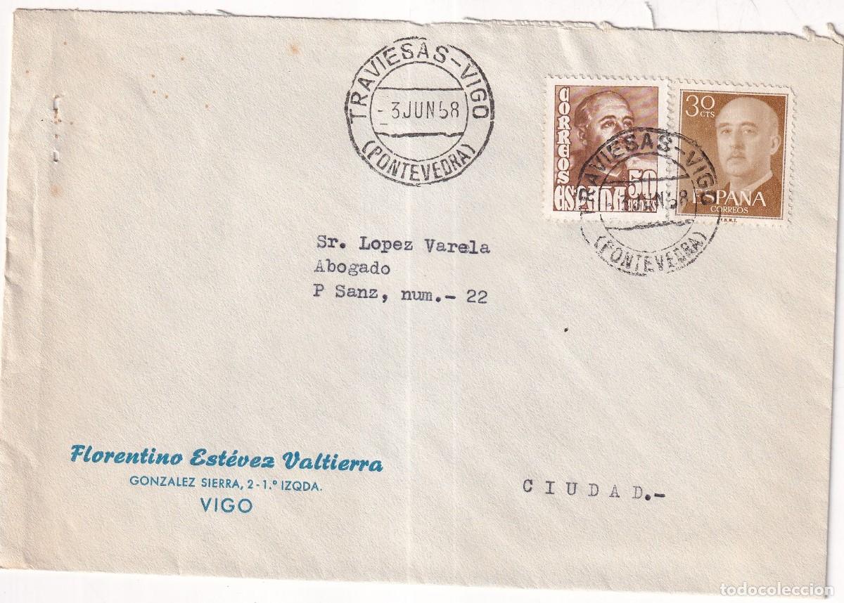 Sellos: Sobre Florentino Est&eacute;vez Valtierra. Vigo. Traviesas. Pontevedra. 1958