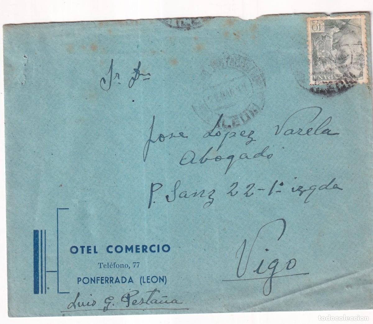 Sellos: Sobre Hotel Comercio. Ponferrada Le&oacute;n. Vigo.