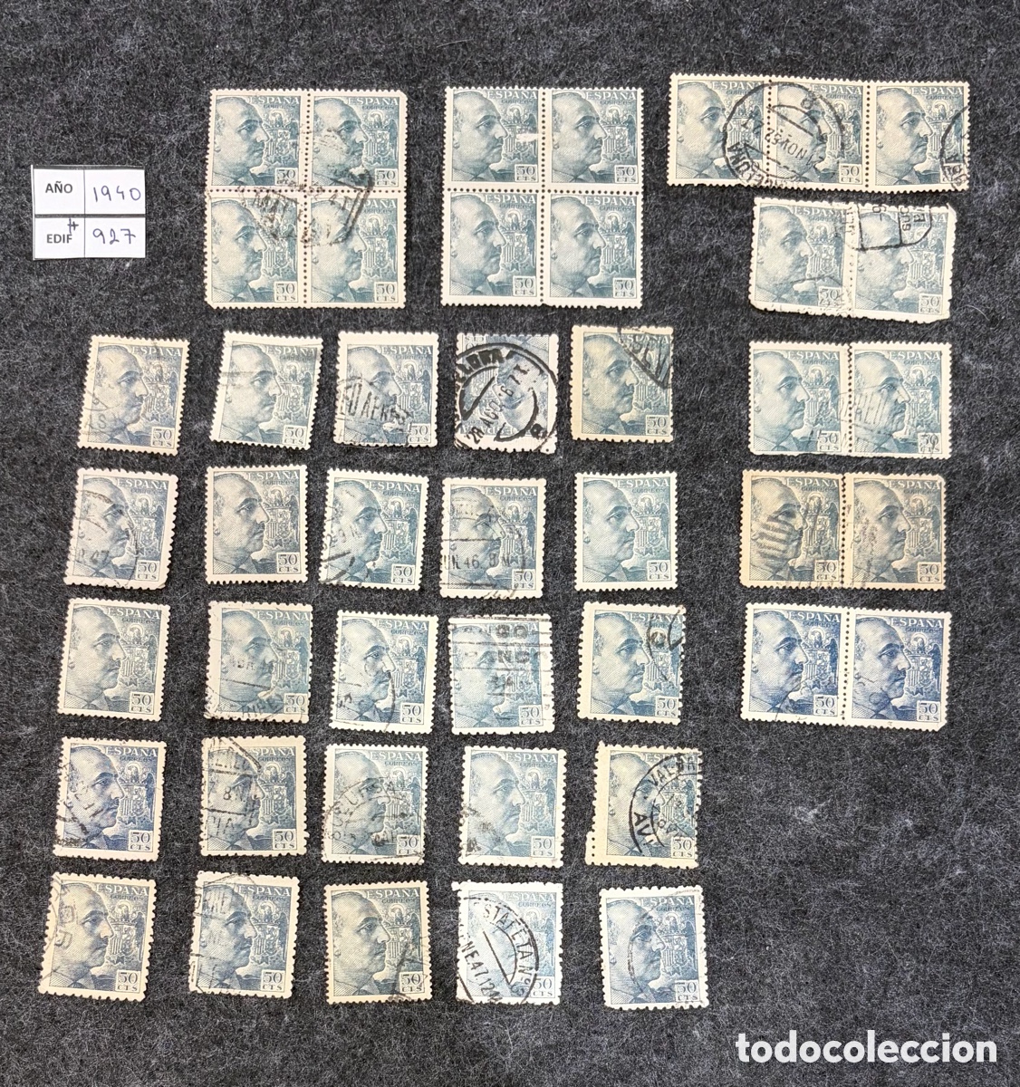 Sellos: 44 sellos Espa&ntilde;a 1940 Franco Edifil 927 50c lote con parejas y bloque