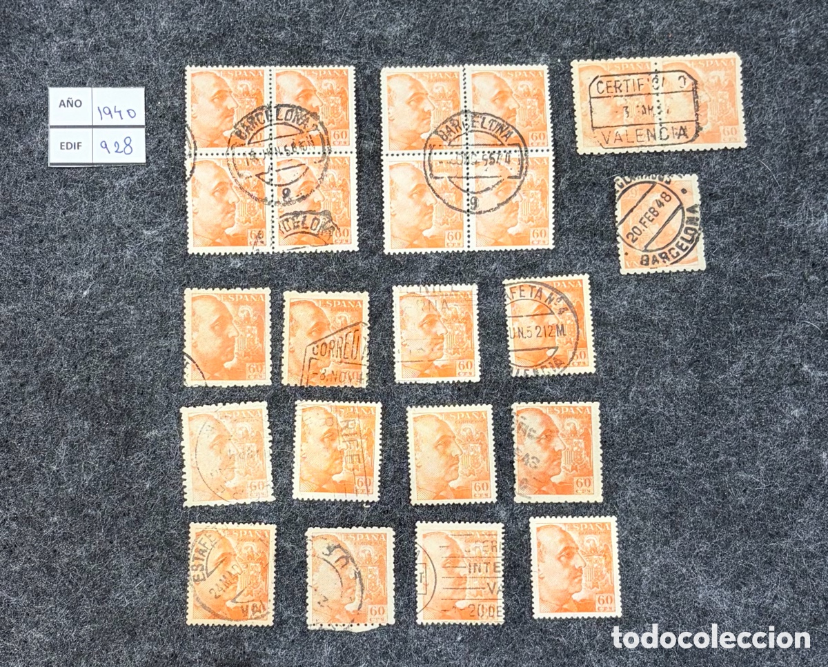 Sellos: Lote sellos Espa&ntilde;a 1940 Edifil 928 Franco 60 cts + bloques usados