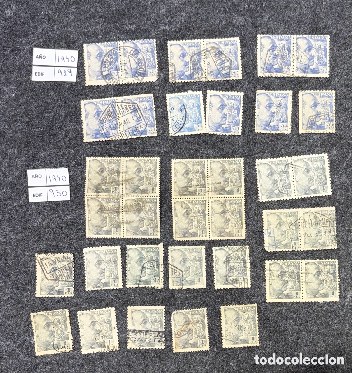 Sellos: Lote sellos Espa&ntilde;a 1940 Edifil 929 y 930 Franco 70 cts y 1 pta usados + bloques