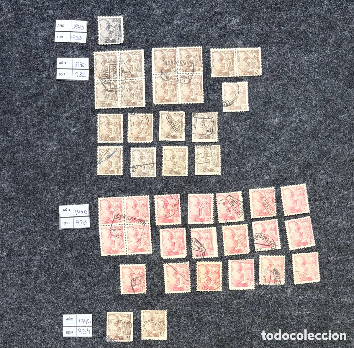 Sellos: Gran lote sellos Espa&ntilde;a 1940 Franco Edifil 928-934 usados bloques y sueltos