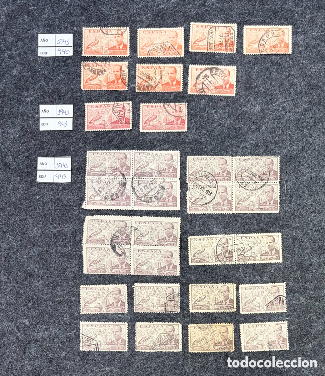 Sellos: Lote sellos Espa&ntilde;a 1943 Franco Edifil 940 941 943 usados bloques y parejas