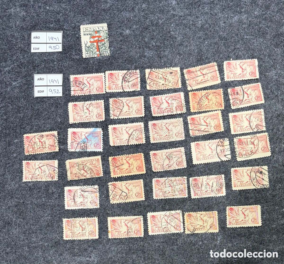 Sellos: Lote sellos Espa&ntilde;a 1941 Edifil 952 Alegor&iacute;a correo 25 cts + 950 Cruz