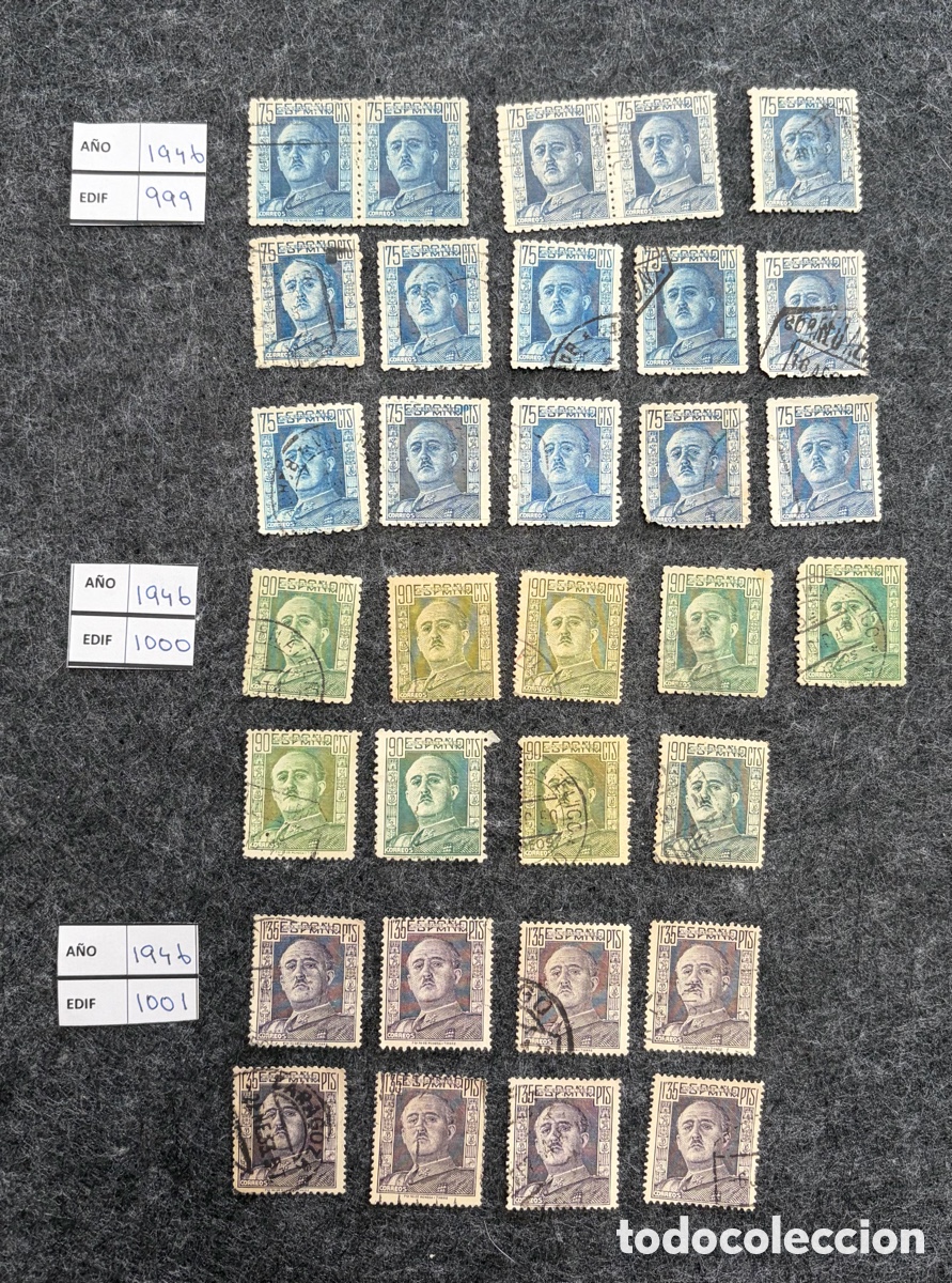 Sellos: &ldquo;Espa&ntilde;a 1946 &ndash; Serie General Franco Edifil 999/1001 &ndash; Lote sellos usados&rdquo;