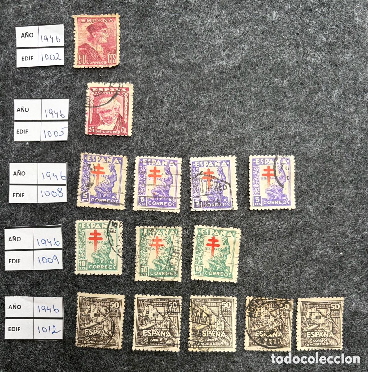 Sellos: &ldquo;Espa&ntilde;a 1946 &ndash; Edifil 1002/1012 &ndash; Lote sellos usados Nebrija, Goya, Cruz Roja, D&iacute;a del Sello&rdquo;