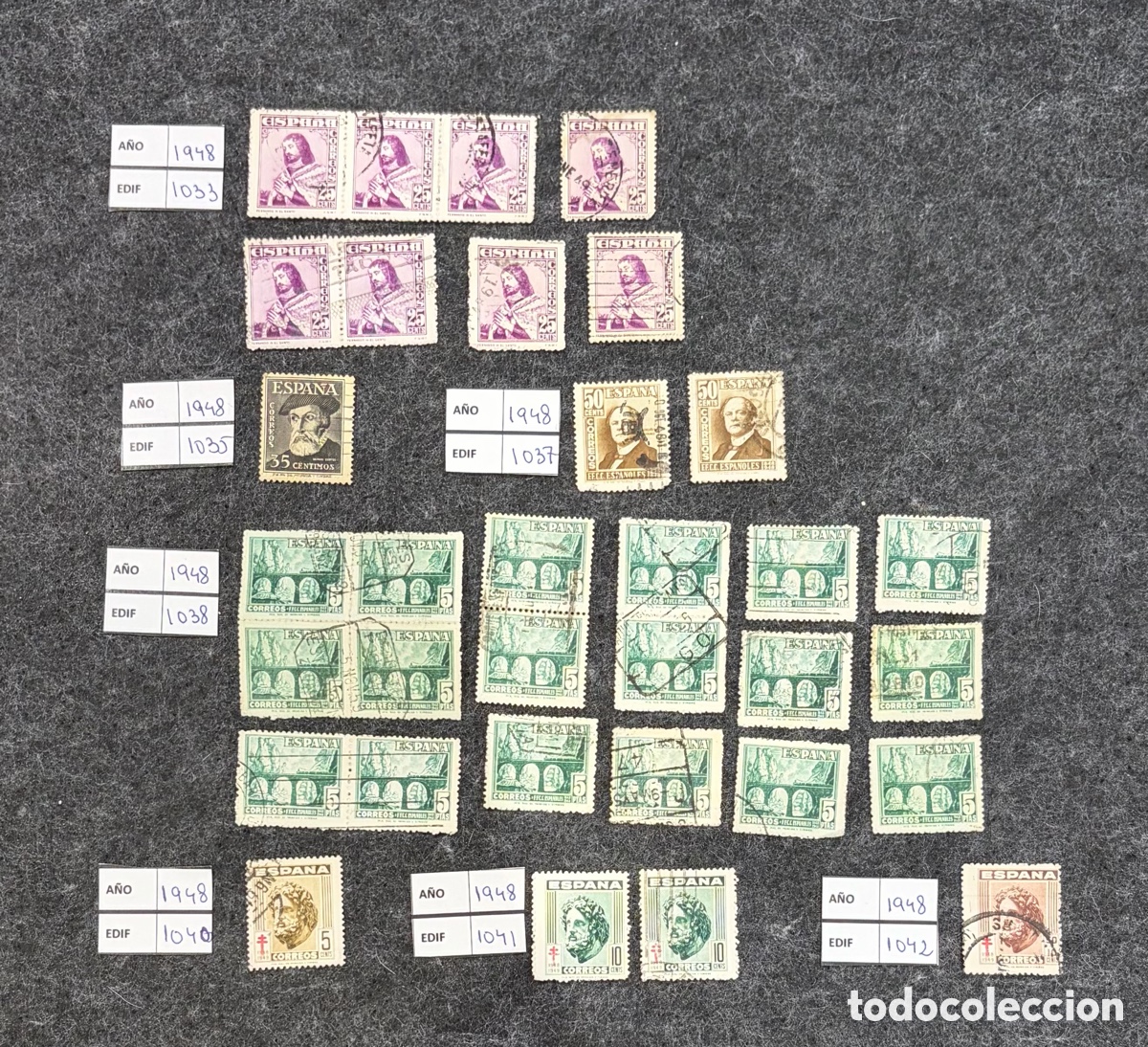 Sellos: &ldquo;Espa&ntilde;a 1948 &ndash; Edifil 1033/1042 &ndash; Lote sellos usados con bloques y valores variados&rdquo;