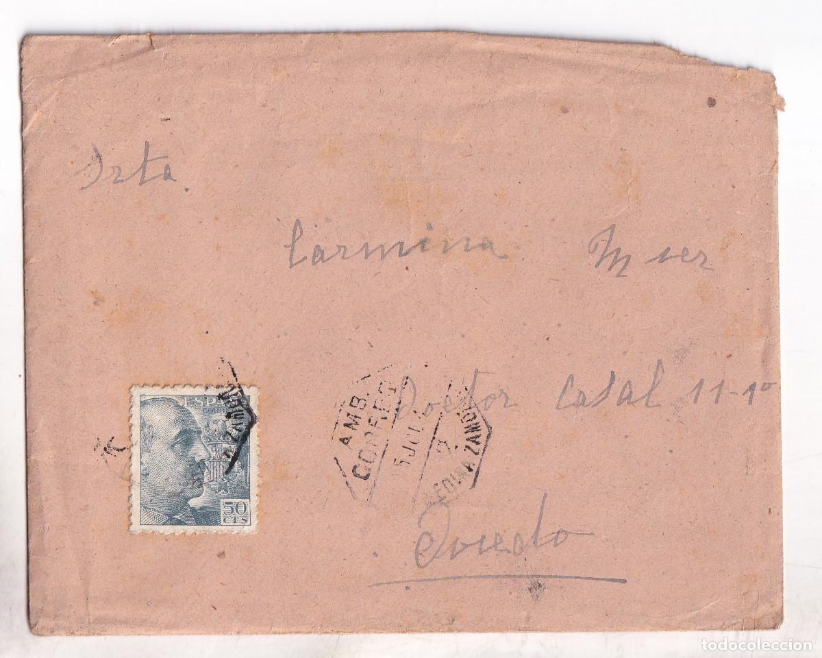 Sellos: SOBRE CON LA CARTA. ZAMORA A OVIEDO. ASTURIAS. 1946. AMBULANTE MEDINA. CARTER&Iacute;A DORSO