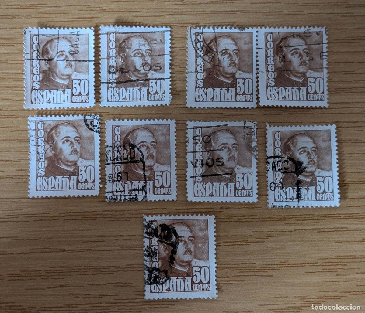 Sellos: Lote 9 sellos del General Franco 50 centimos (marr&ograve;n)