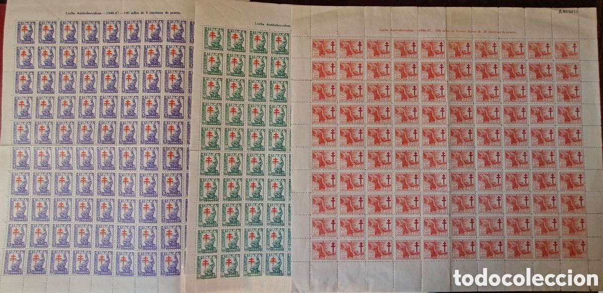 Sellos: Espa&ntilde;a 3 pliegos de 100 sellos pro tuberculosos 1946 47 Nuevos**
