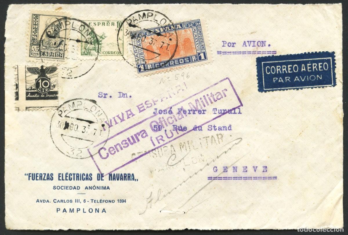 Timbres: GUERRA CIVIL, FRONTAL, CORREO A&Eacute;REO, CIRCULADO ESPA&Ntilde;A A SUIZA, 1938, EDIFIL: 835