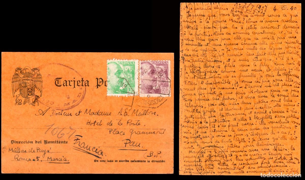 Sellos: Murcia - Edi o 921+923 - Postal Mat &rdquo;AMB. Cartagena - Chinchilla 2 - 4/Jun./40&rdquo; a Francia +