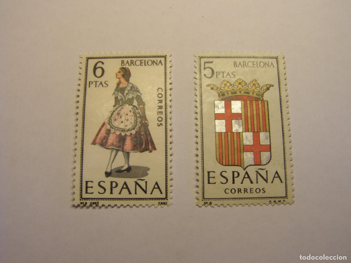 Sellos: Sellos Espa&ntilde;a, escudo y traje t&iacute;pico, Barcelona. Nuevos sin usar.
