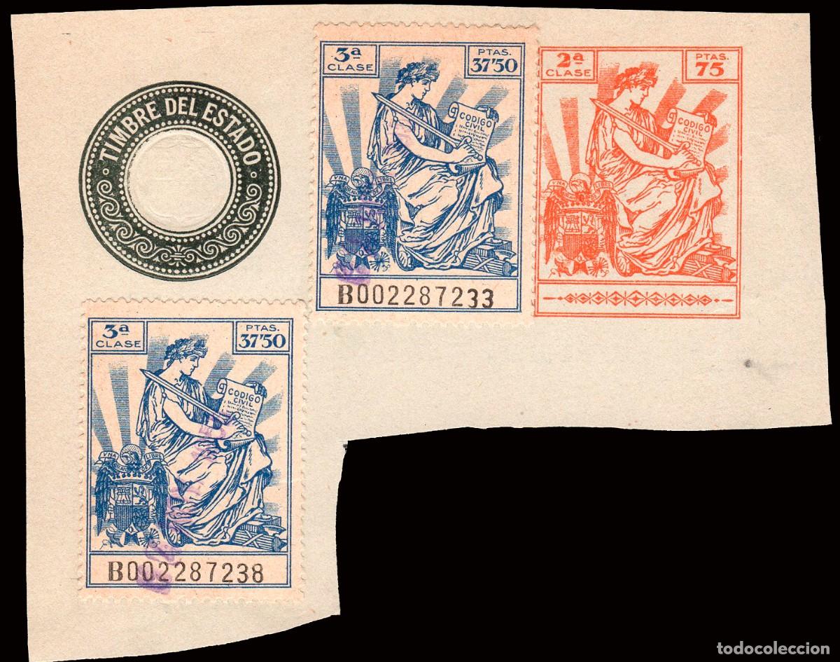 Sellos: Espa&ntilde;a - Fiscales - P&oacute;lizas - Alemany o 689(2)+ 691 (impreso) - 1941/59 - Fragmento