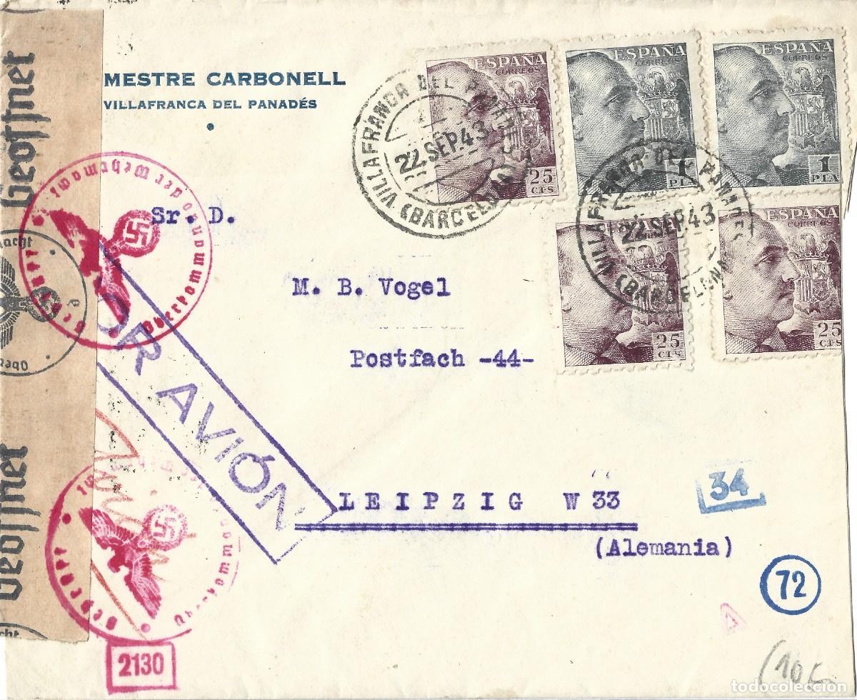 Sellos: 1943 Carta Villafranca del Penedes Barcelona a Alemania a&eacute;reo Censura Nazi Segunda Guerra Mundial
