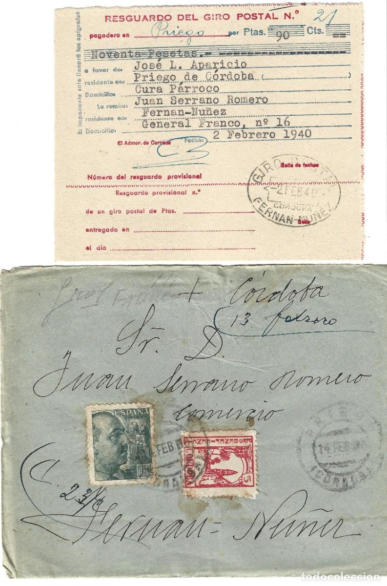 Briefmarken: 1940 Carta sobre Priego a Fern&aacute;n N&uacute;&ntilde;ez, C&oacute;rdoba. Incluye recibo giro postal