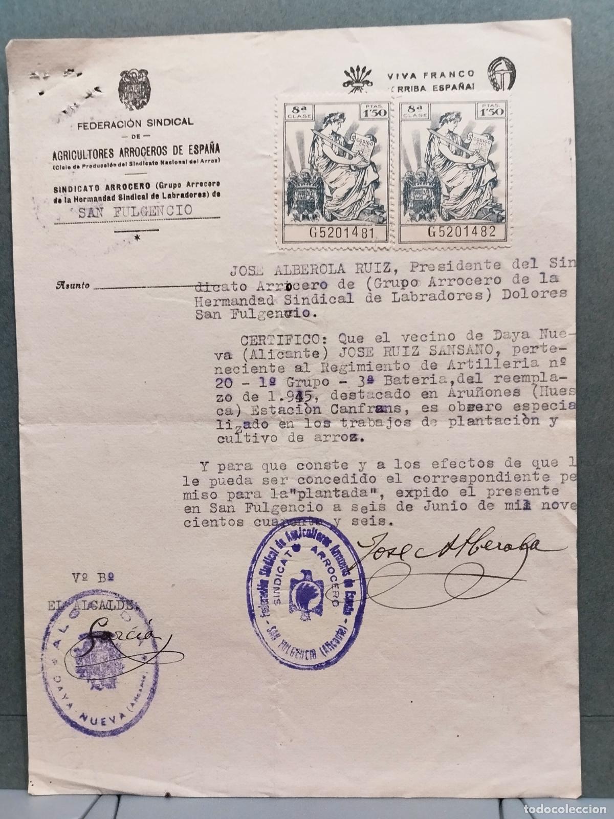 Briefmarken: MILITAR. FEDERACION SINDICAL DE AGRICULTORES ARROCEROS DE ESPA&Ntilde;A. SAN FULGENCIO. ALICANTE.