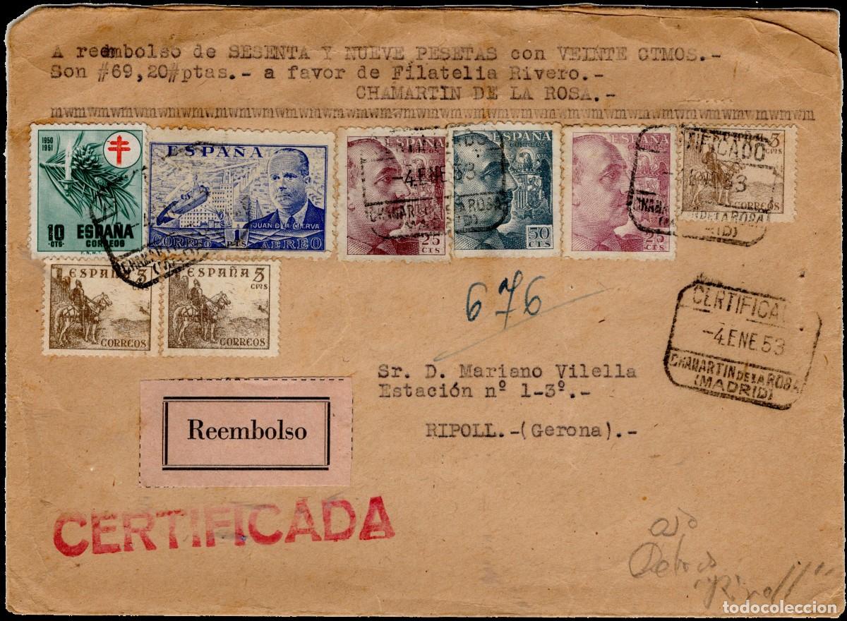 Sellos: Carta certificada-reembolso de Chamartin de la Rosa a Ripoll, con recargo pro tuberculosos