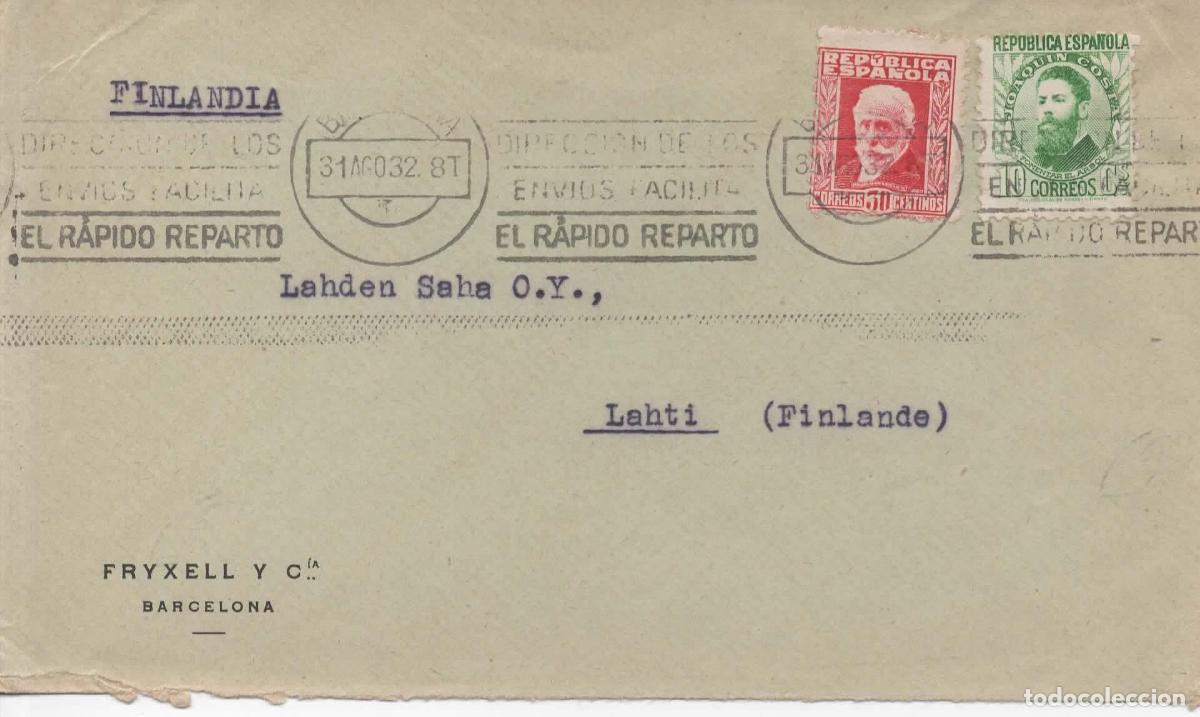 Sellos: SEGUNDA REPUBLICA BARCELONA A LAHTI FINLANDIA 1932