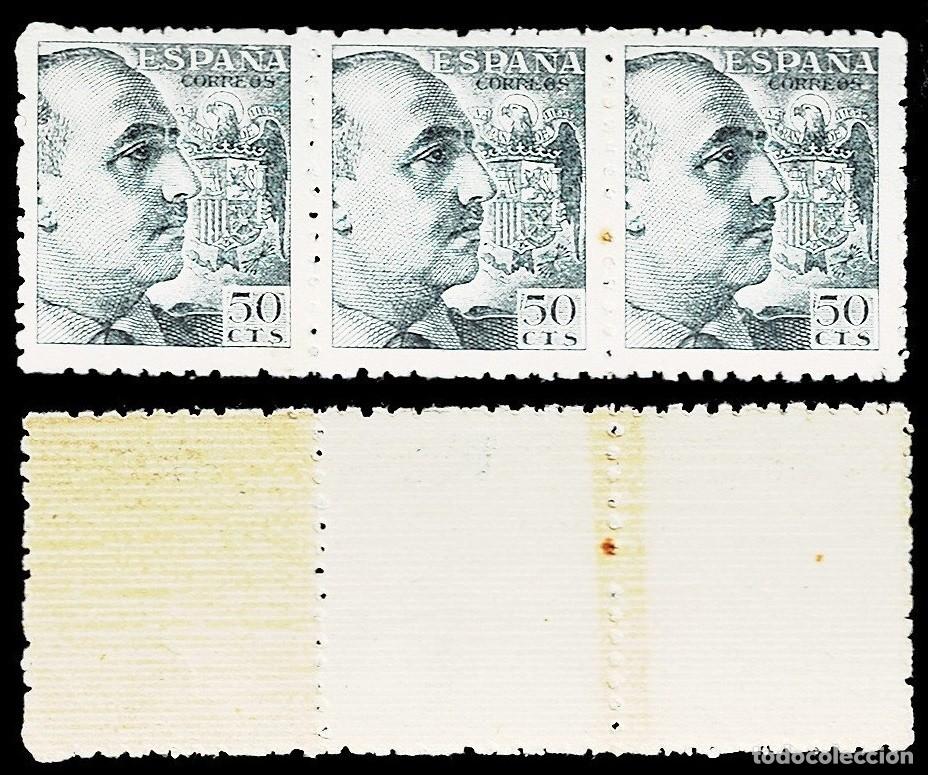 Briefmarken: V1-19 ESPA&Ntilde;A FRANCO Edifil n&ordm; 927 TRIPTICO Valor 50 cts. Color GRIS Variedad de ENGOMADO Sin fijasel