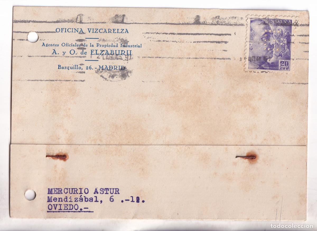 Sellos: TARJETA. MADRID A OVIEDO. 1945. SELLO PERFORADO ELZABURU