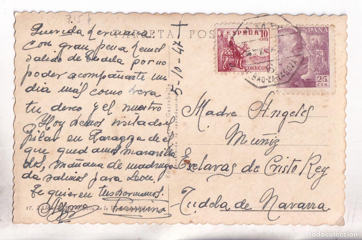 Sellos: POSTAL. ZARAGOZA A TUDELA. NAVARRA. AMBULANTE BILBAO. 1947