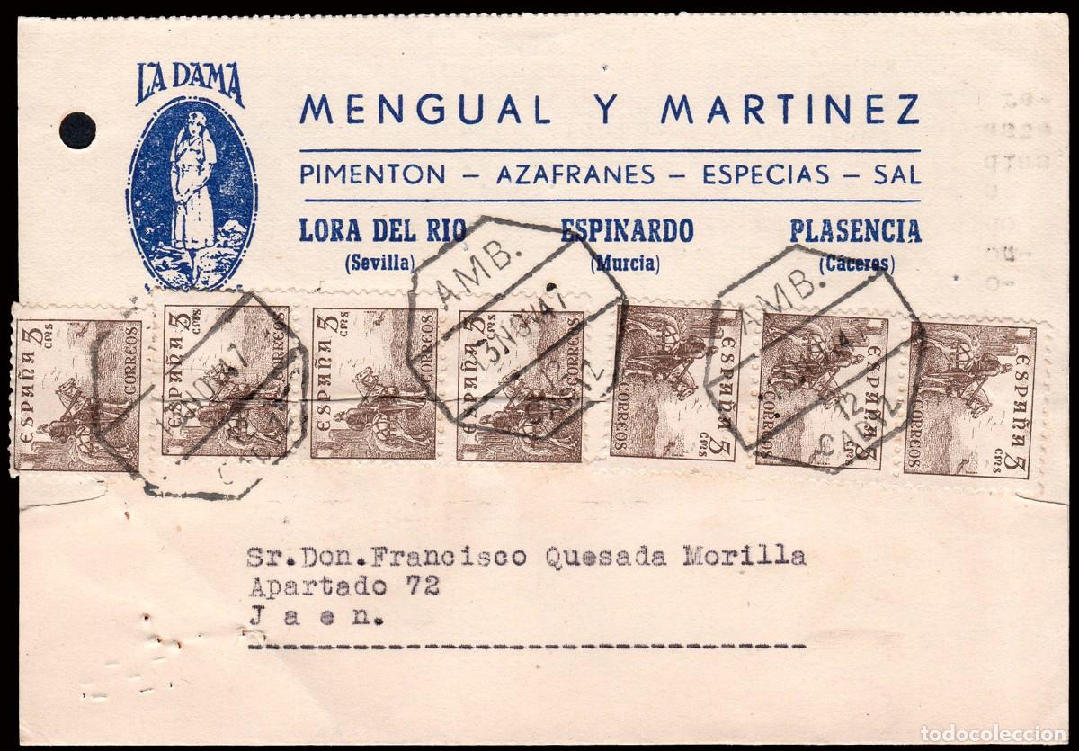 Sellos: Sevilla - Edi o TP 916 (7) - Postal publicitaria &rdquo;La Dama - Lora R&iacute;o&rdquo; Mat &rdquo;AMB. 13/Nov./47 - 12..&rdquo;