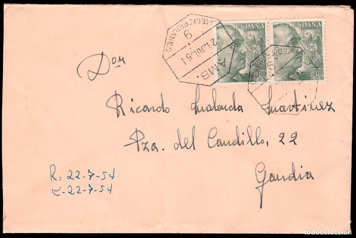 Sellos: Valencia - Edi o 1051 Pareja - Sobre Mat &rdquo;AMB. 9 - Mediterr&aacute;neo&rdquo; a Gand&iacute;a