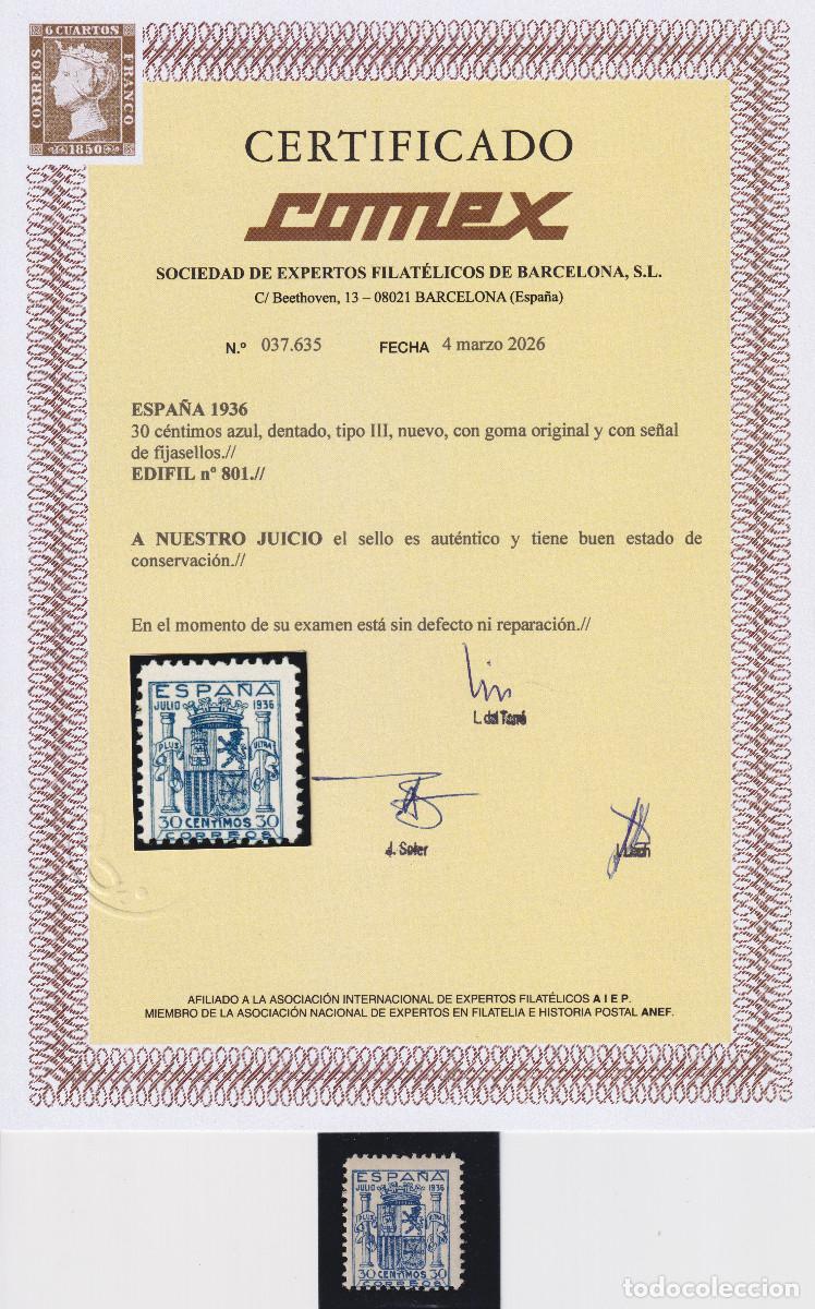 Sellos: ESCUDO DE ESPA&Ntilde;A - GRANADA * 801 - A&Ntilde;O 1936 - CERTIFICADO COMEX - AUTENTICO - MH