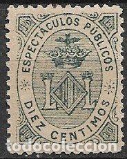 Sellos: FISCALES, Valencia, Espect&aacute;culos P&uacute;blicos, 10 cts. gris verdoso * *