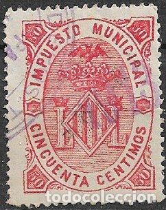 Sellos: FISCALES, Sello municipal, Valencia, 50 cts. rojo carminado (o)