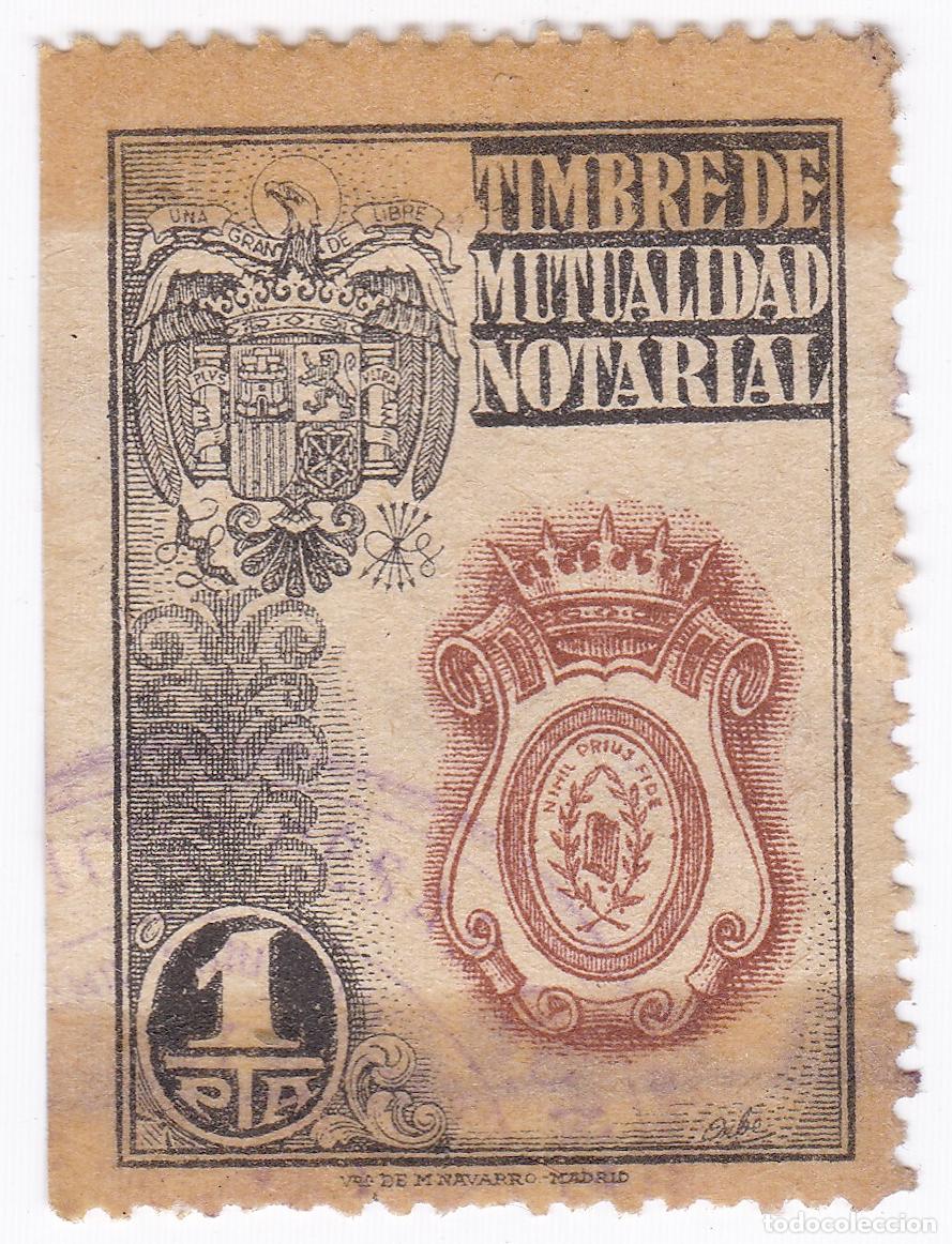 Sellos: Timbre de Mutualidad Notarial. 1 Peseta. Antiguo sello p&oacute;liza fiscal.